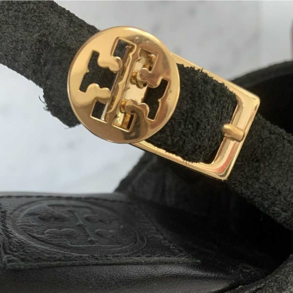 Tory Burch Blue Suede Sz 8 Logo Studded Slingback Wooden Heels Clogs - Picture 6 of 8